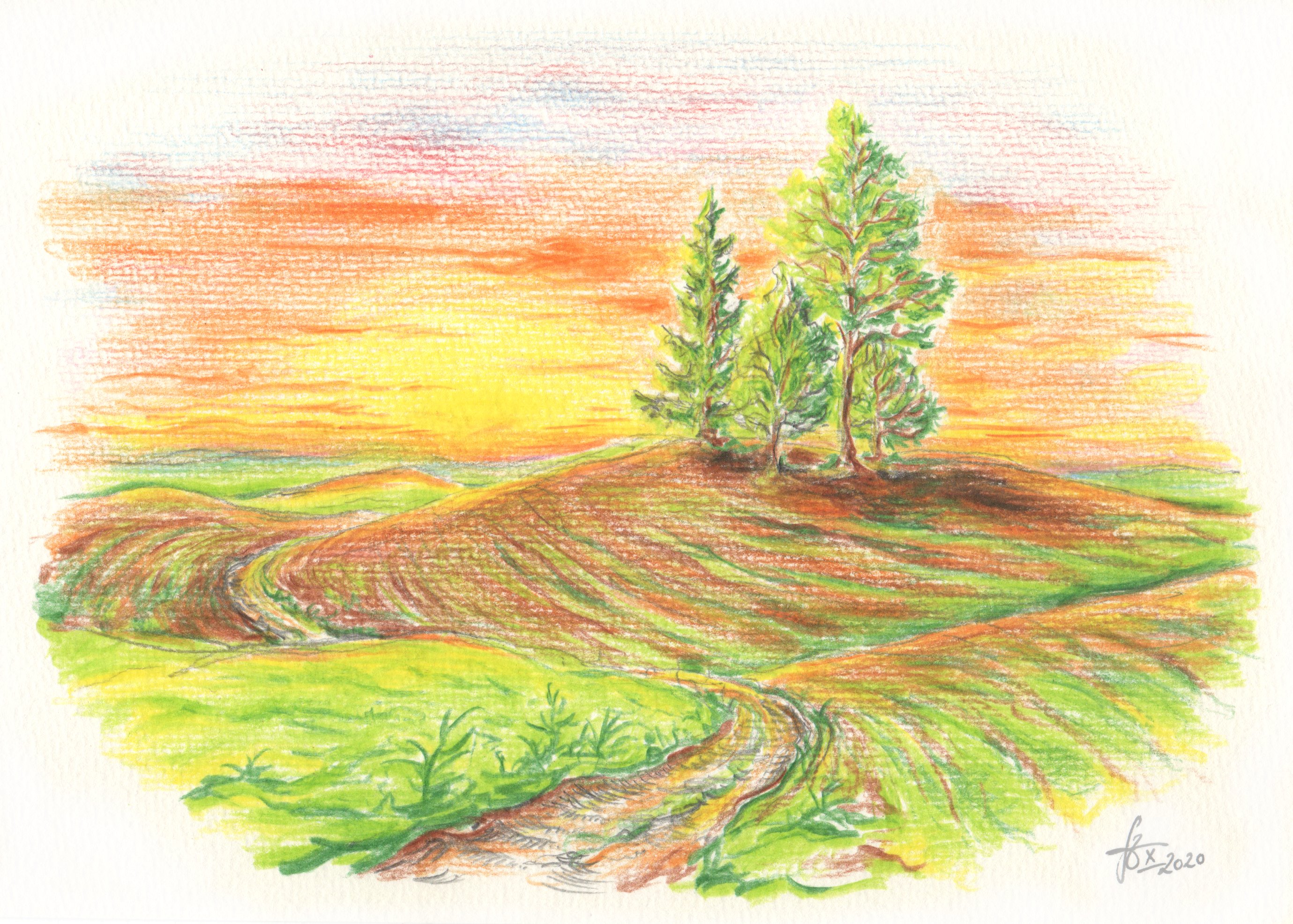 Zeichnung inspiriert durch das Gedicht von Emily Dickinson: "Four Trees - upon a solitary Acre - (Vier Bäume - auf einem einsamen Feld -)", ca. 1863